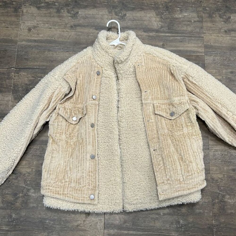BLANKNYC Fuzzy Wuzzy Corduroy Sherpa Mix Trucker Jacket Women Size XS Beige